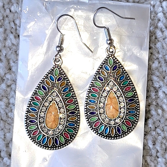 BOHO Silver Earrings Rhinestone Earrings Silver Drop Earrings Teardrop Earrings - Picture 4 of 10